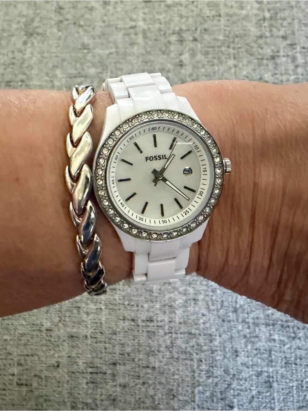Fossil White Resin Women's Watch with Crystal-Studded Silver Bezel